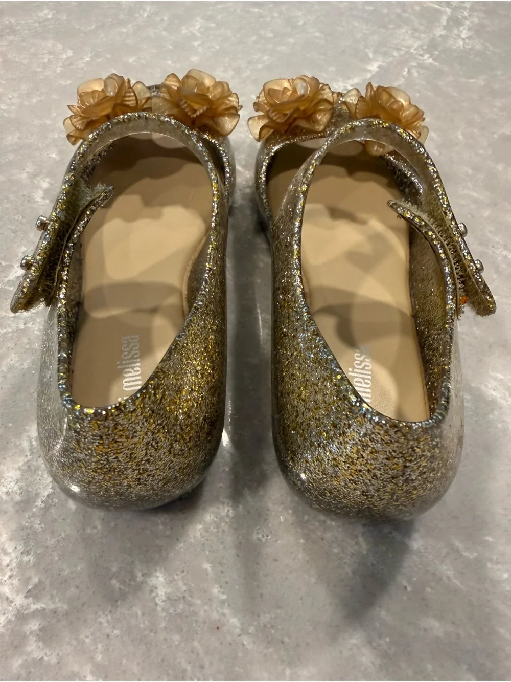Mini Melissa Girls Gold Glitter Mary Jane Shoes with Champagne Flower Like New